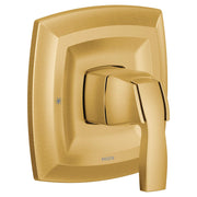 Brushed gold single-handle valve trim with square escutcheon plate and lever handle.