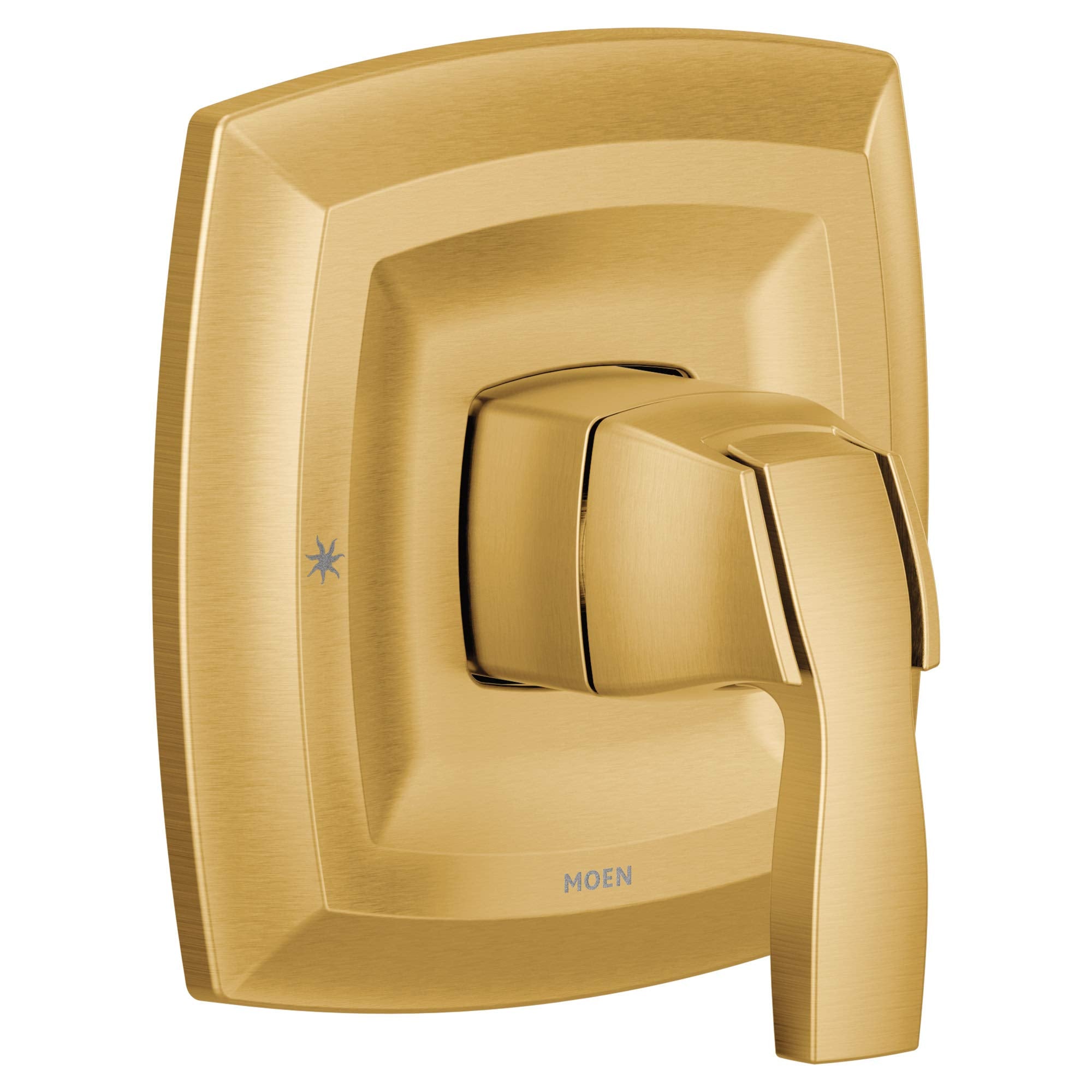 Brushed gold single-handle valve trim with square escutcheon plate and lever handle.