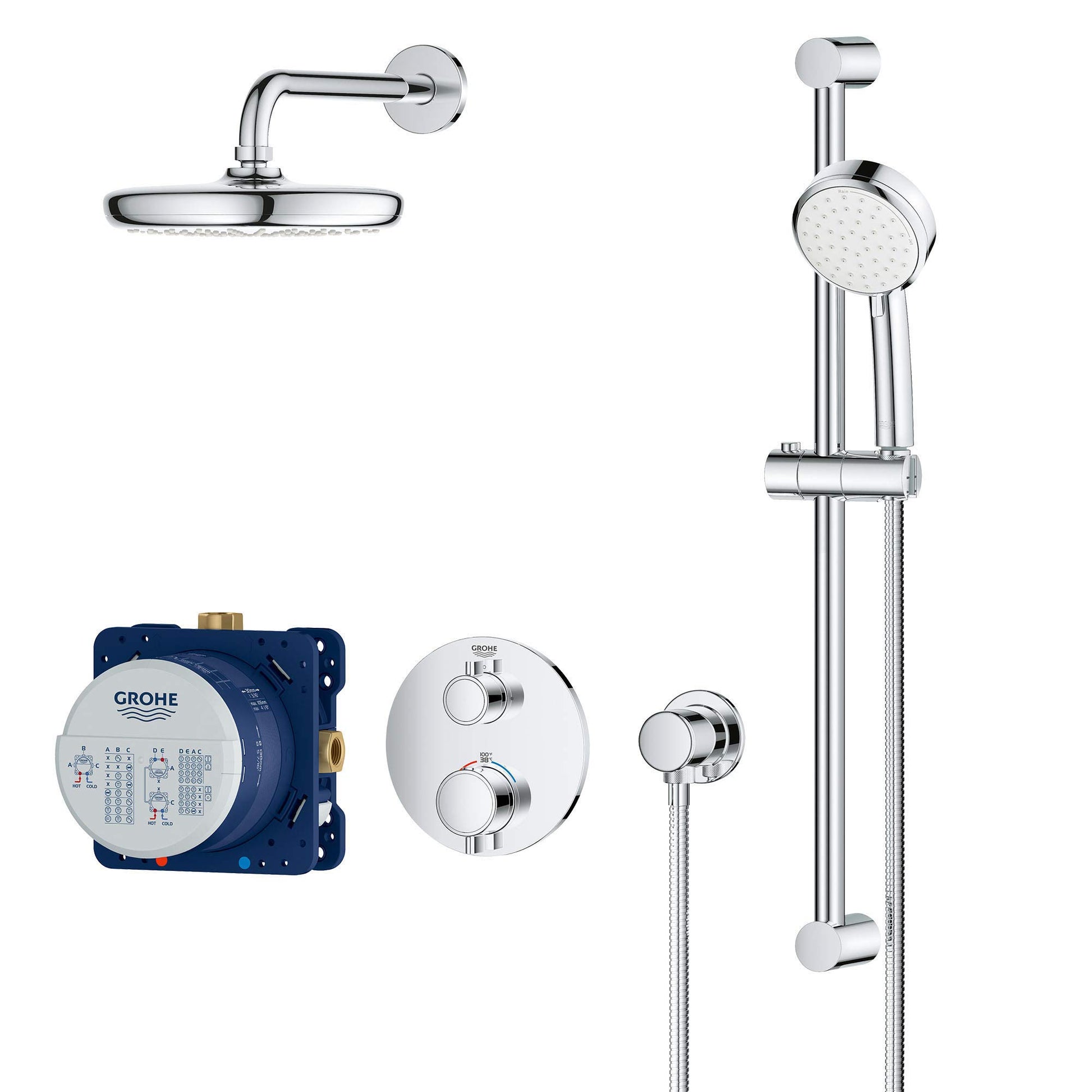 Chrome shower set with overhead rainshower head, handheld showerhead on rail, valve cartridge, and control panel.