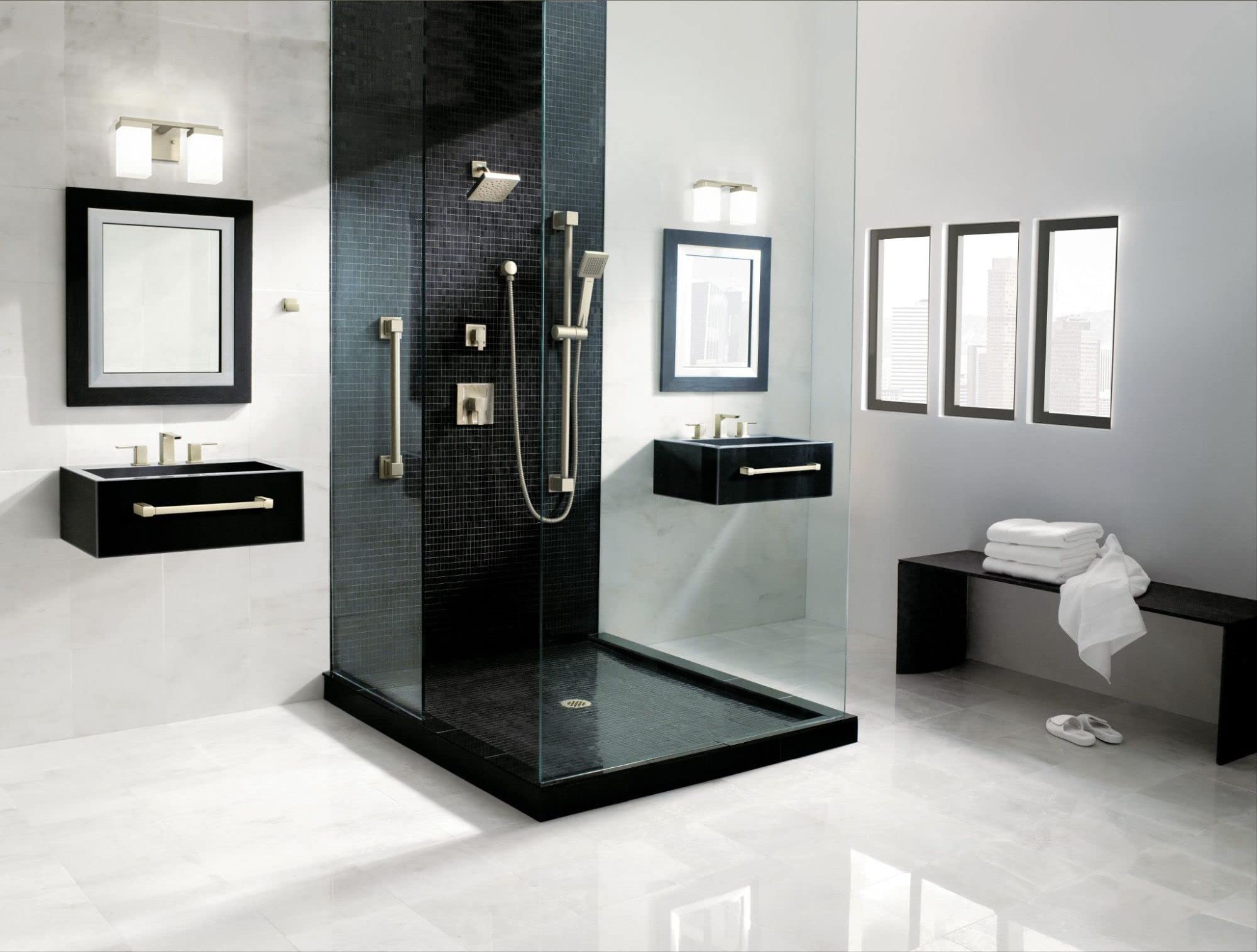 Moen 90 Degree Modern Single Handle Tub and Shower Trim with Square Shower Head and Handle Set Tub Spout Eco Performance Results in Even Water Flow High Pressure Shower Heads in Chrome - TS2713EP