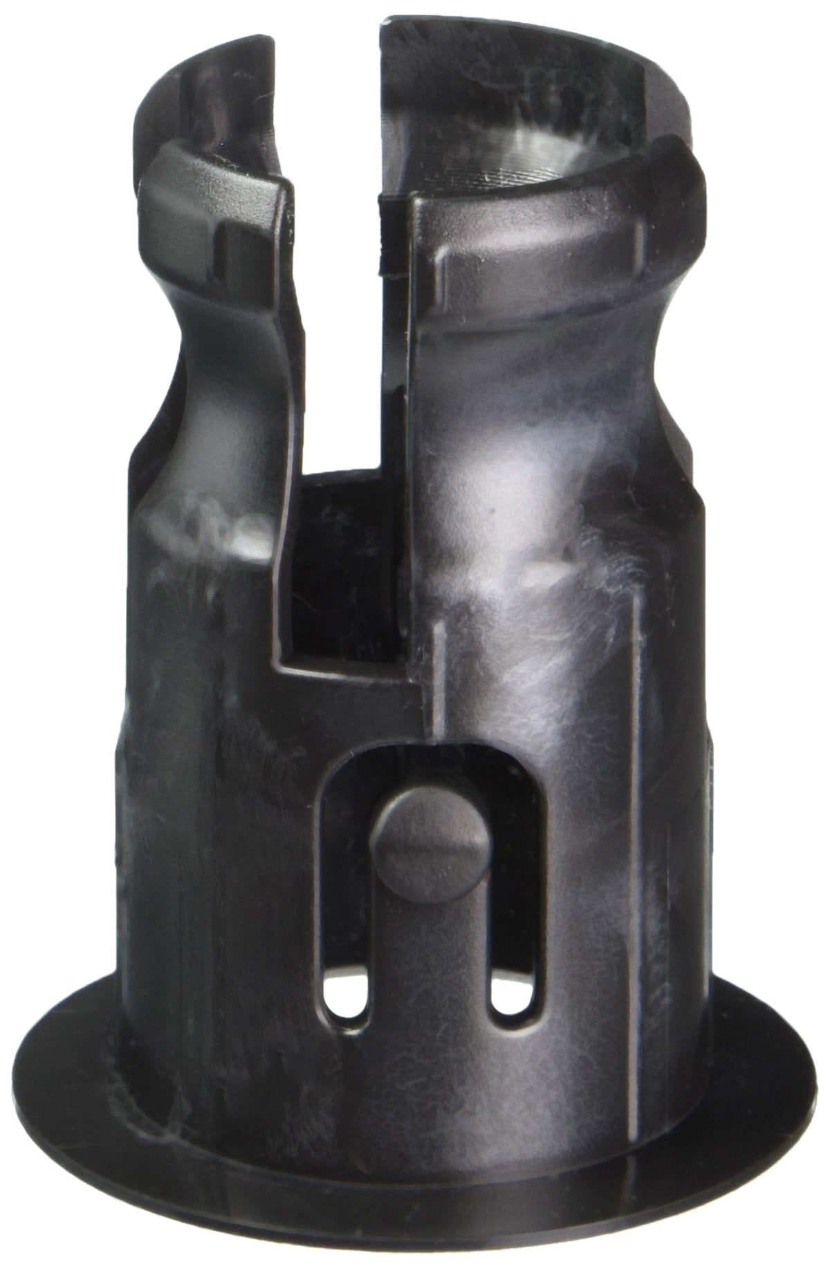 Black metal friction ring with cylindrical body, two curved prongs at top, and slot openings at base.