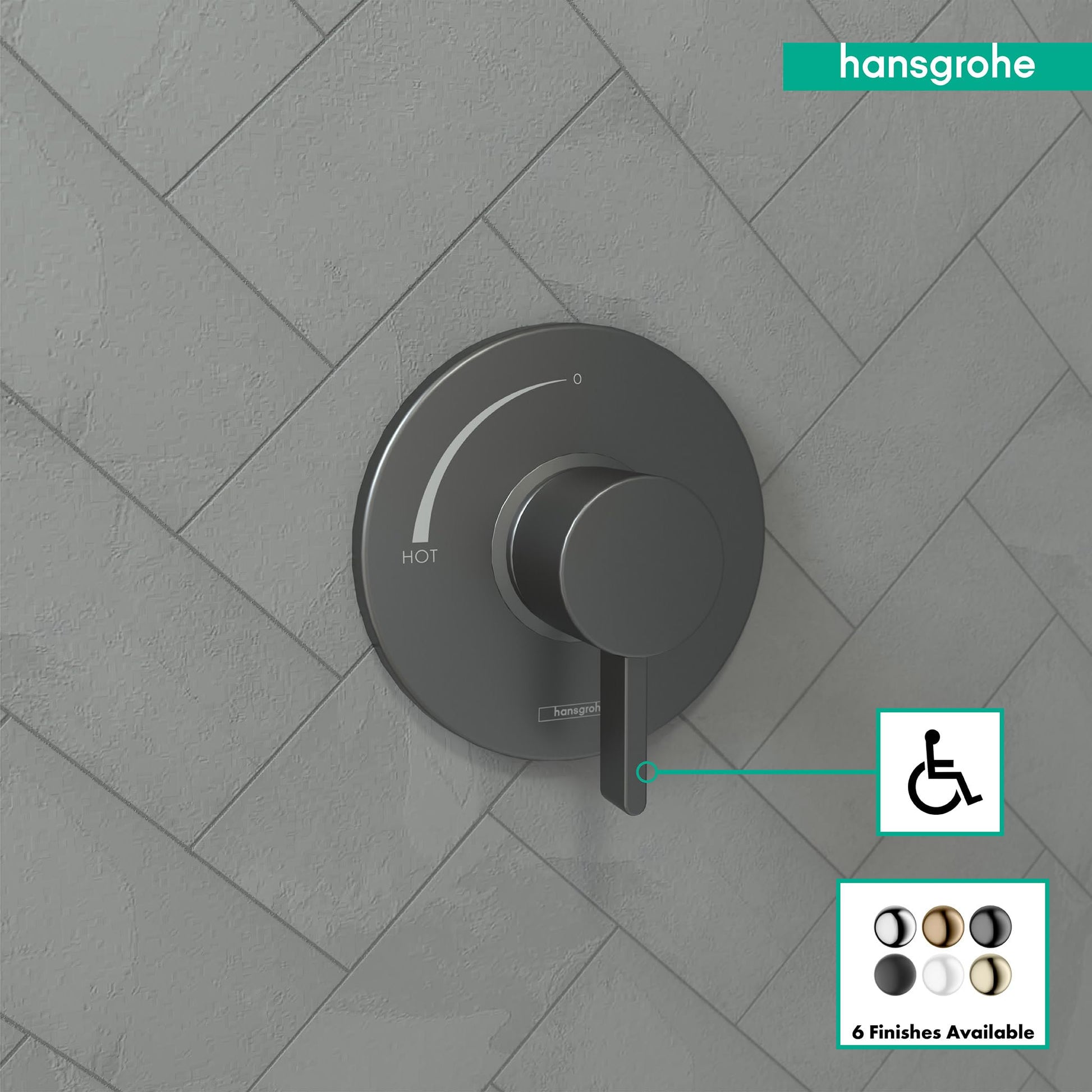 Brushed black chrome round pressure balance valve trim with single lever handle mounted on herringbone tile wall.