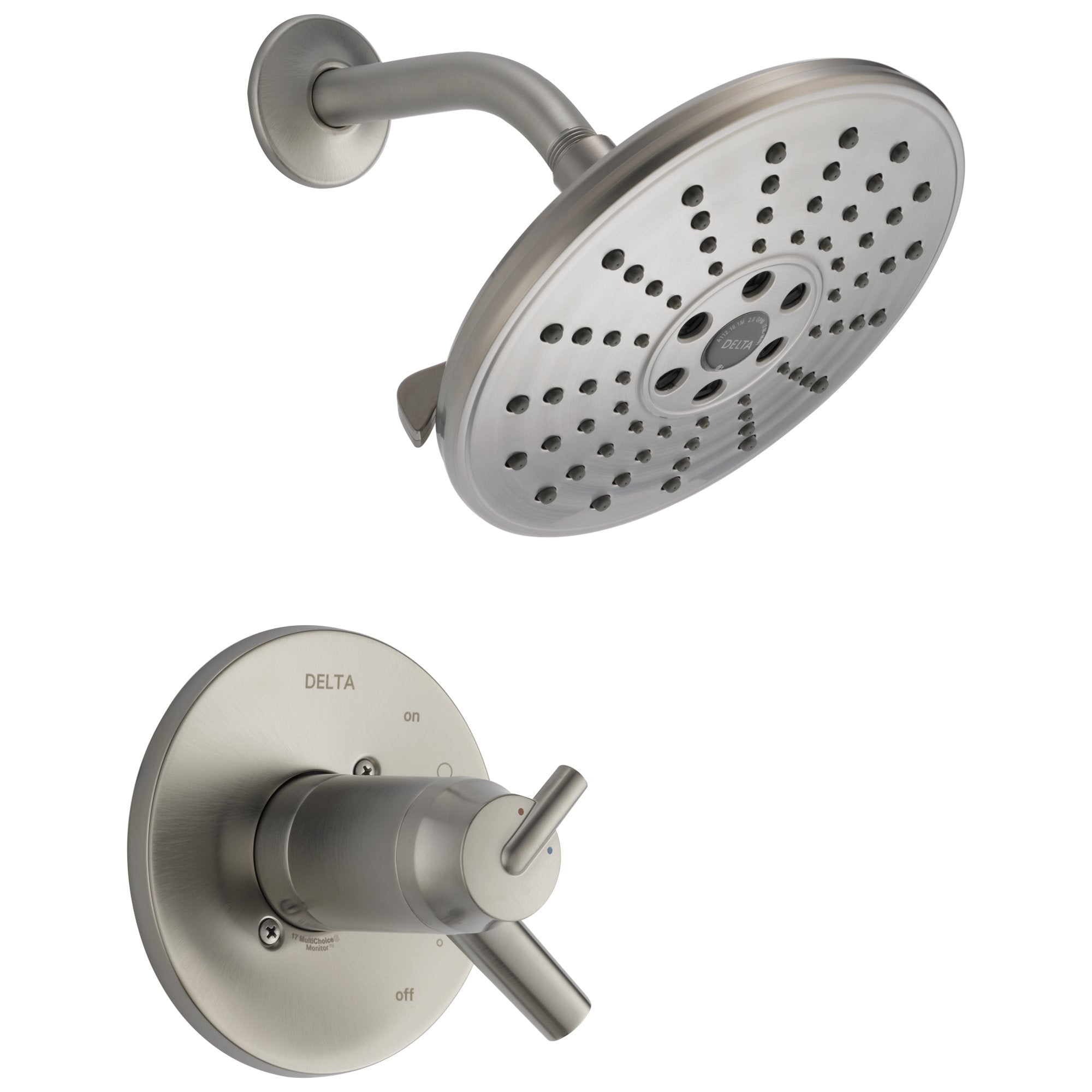 Chrome shower trim with multi-spray round showerhead and dual-lever valve control with on/off markings.