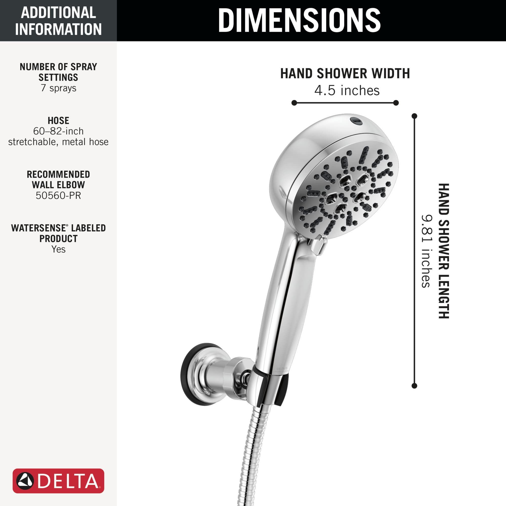 Chrome wall-mounted hand shower head with 7 spray settings and flexible hose connection.