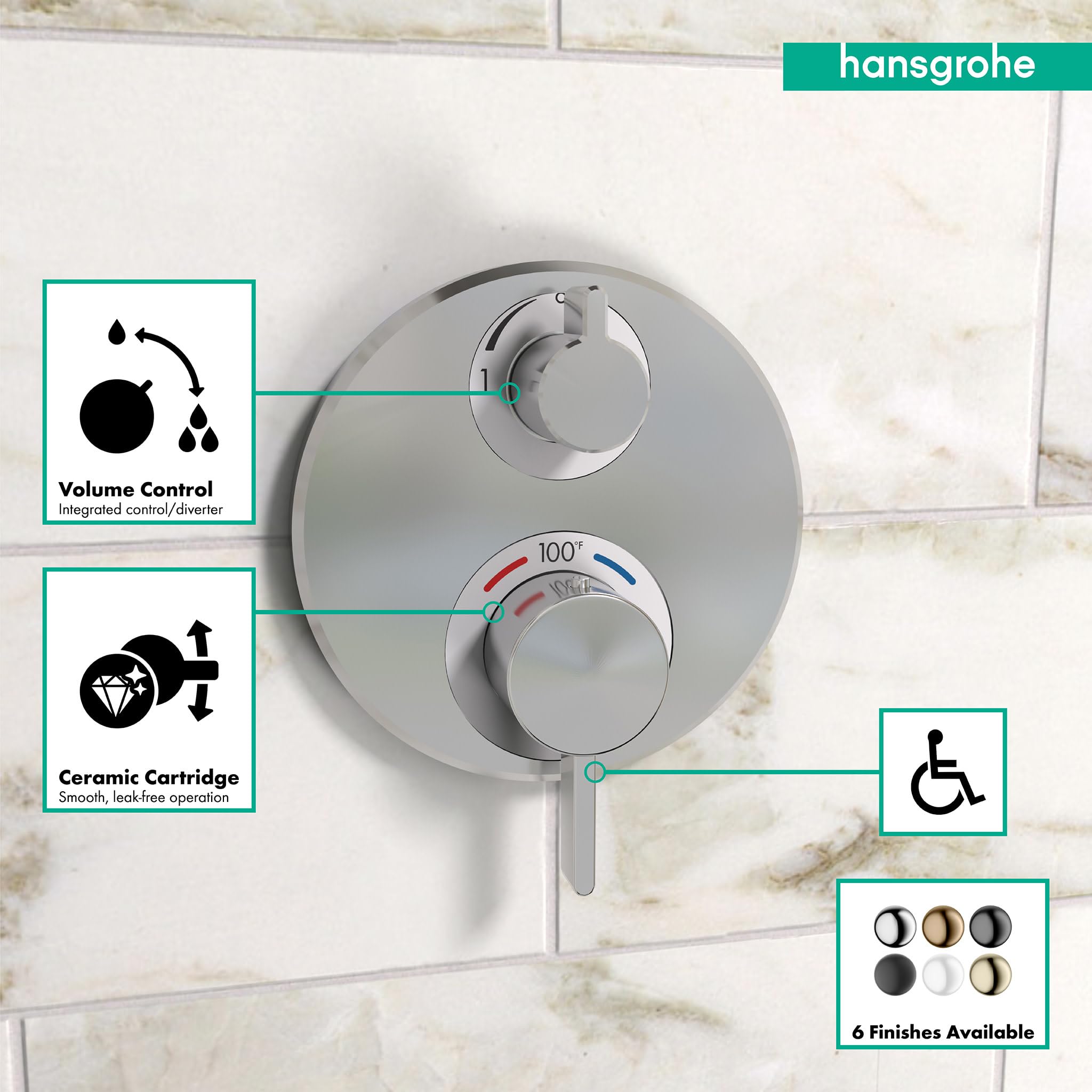 Chrome thermostatic shower trim with two circular control knobs mounted on marble tile wall.