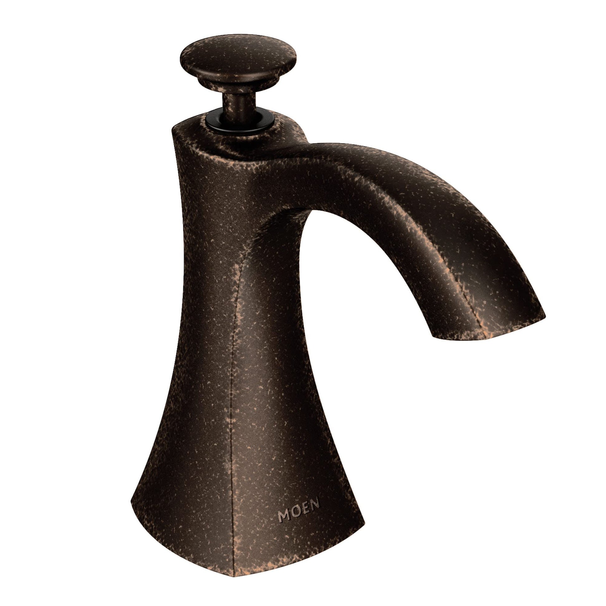 Oil rubbed bronze kitchen soap dispenser with curved spout and round pump top.