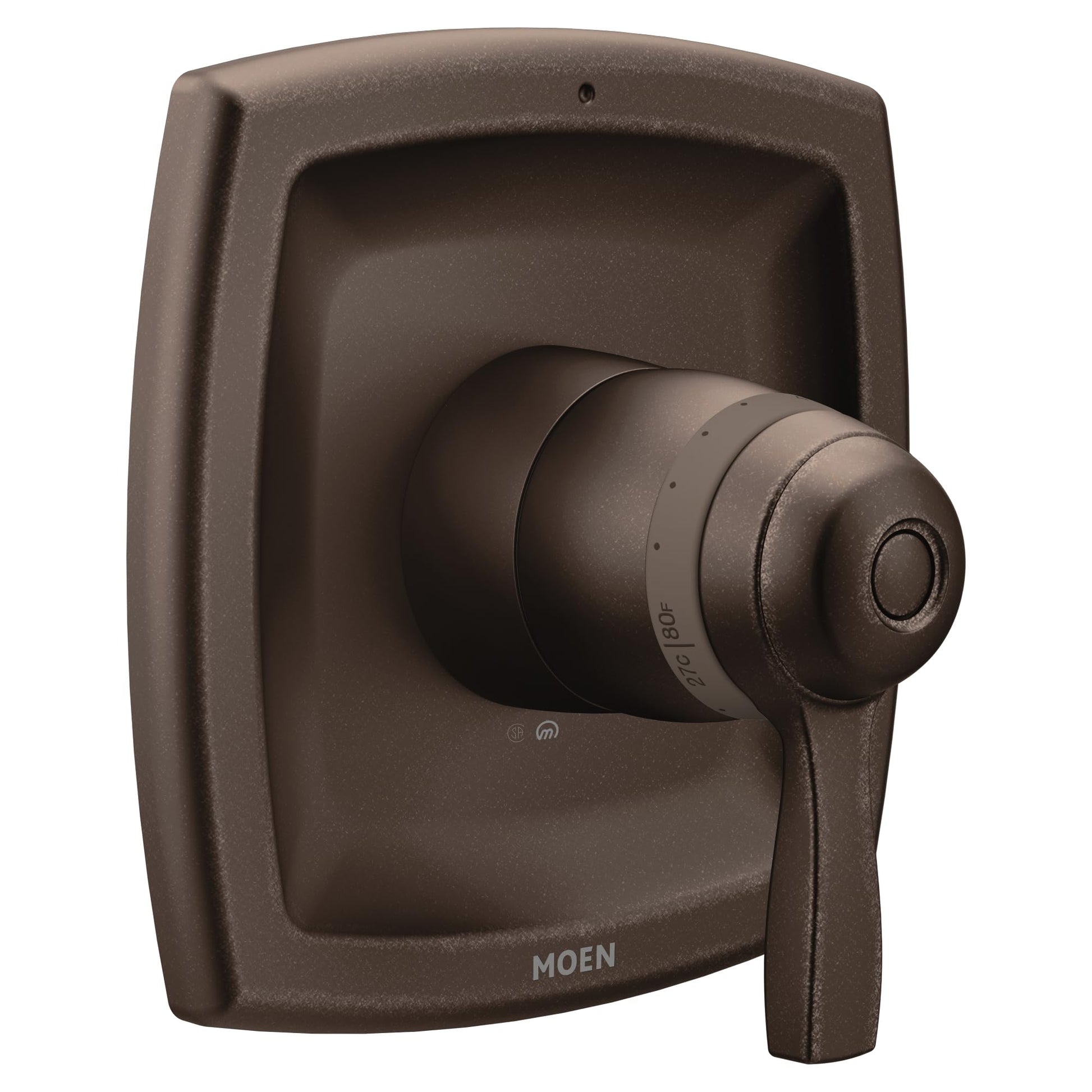 Old World Bronze thermostatic shower valve trim with single lever handle and recessed rectangular escutcheon plate.