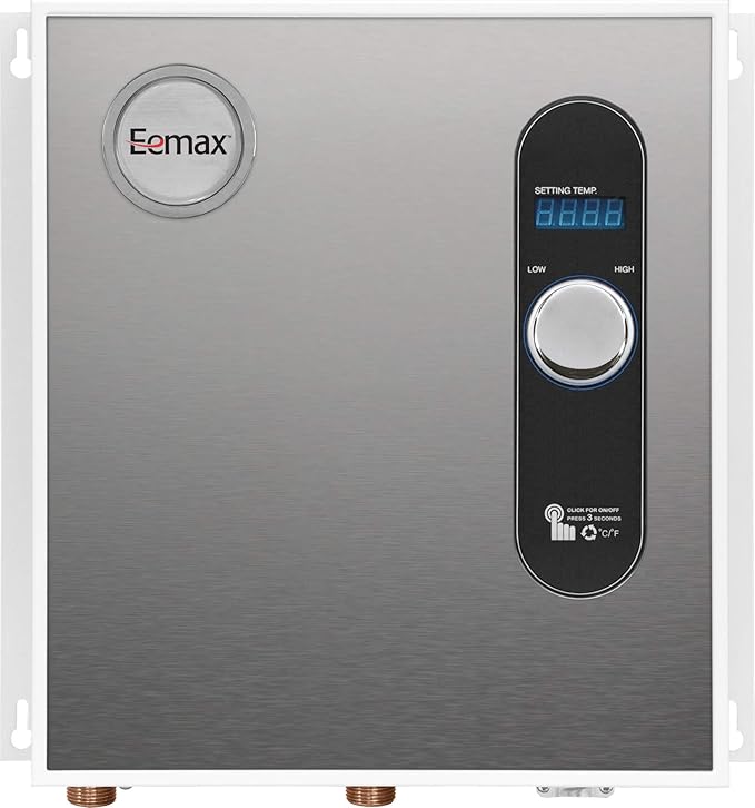 Stainless steel Eemax tankless water heater with digital temperature display and control dial on black panel.