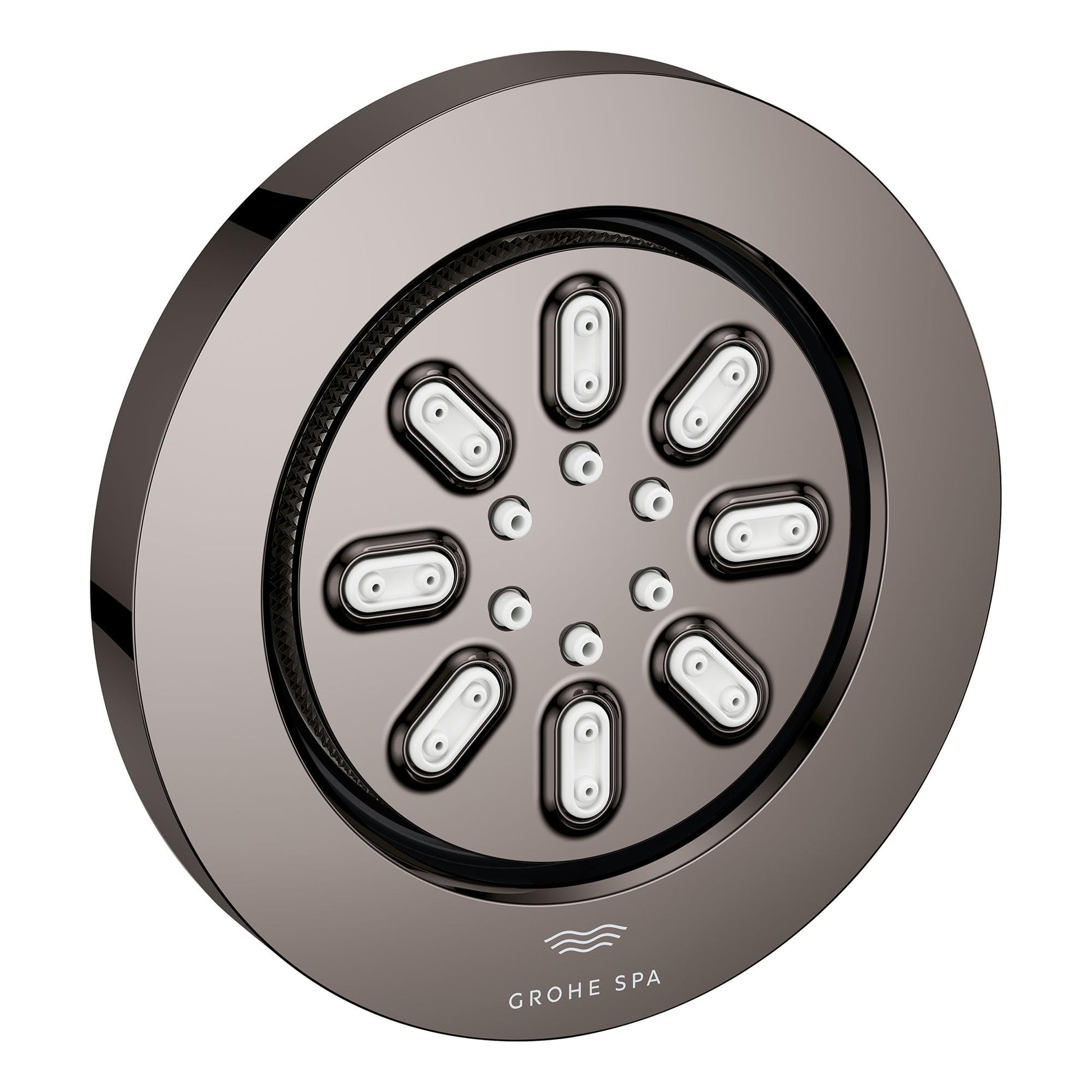 Round hard graphite body spray with eight spray nozzles arranged in circular pattern.
