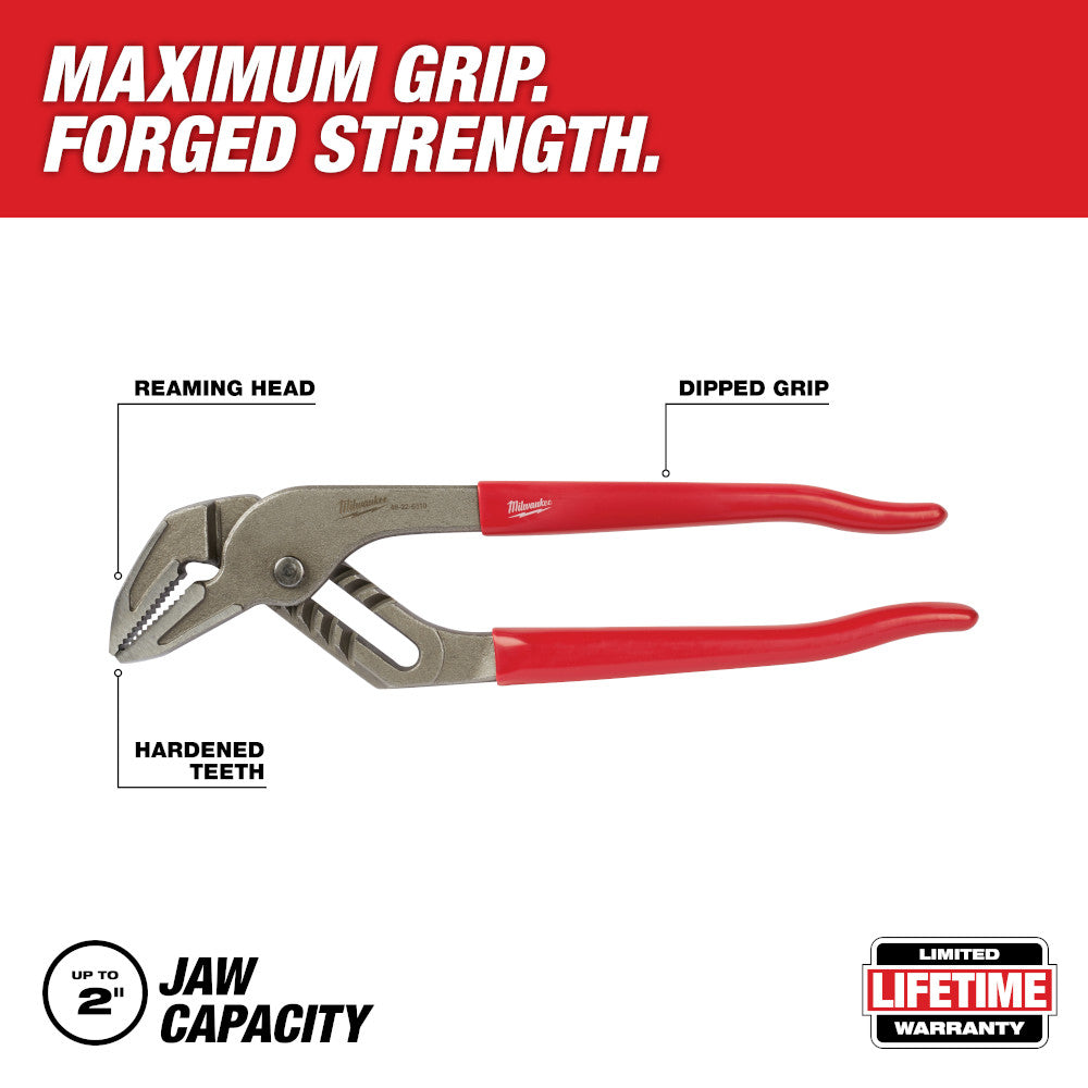 Milwaukee 10" pump pliers with red dipped grip, reaming head, and hardened teeth for gripping up to 2" capacity.