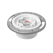 White PVC closet flange with stainless steel ring and mounting holes for toilet installation.