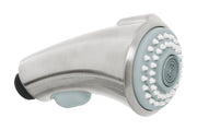 Grohe pull-out spray head in stainless steel and light gray with multiple white water jets.