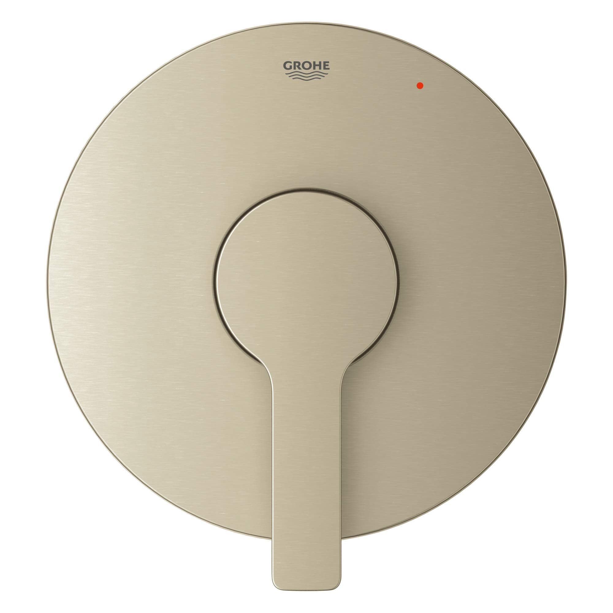 Grohe Lineare brushed nickel circular valve trim with single lever handle and red indicator dot.