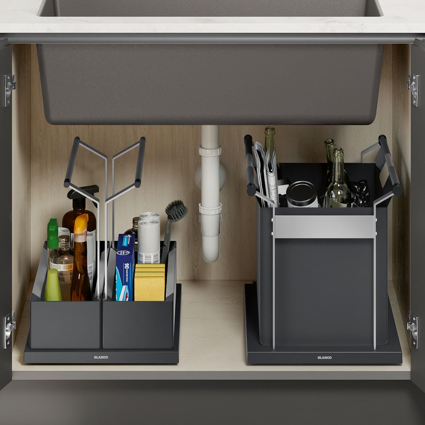 Gray storage bag with handles containing kitchen items inside an under-sink cabinet with wooden interior and white pipes.