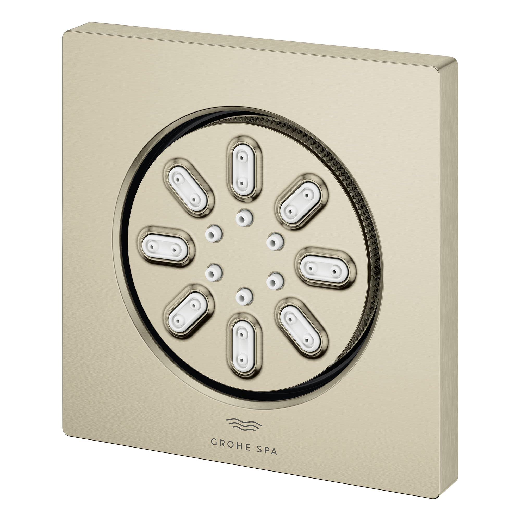 Square brushed nickel body spray with multiple circular nozzles arranged around central opening.