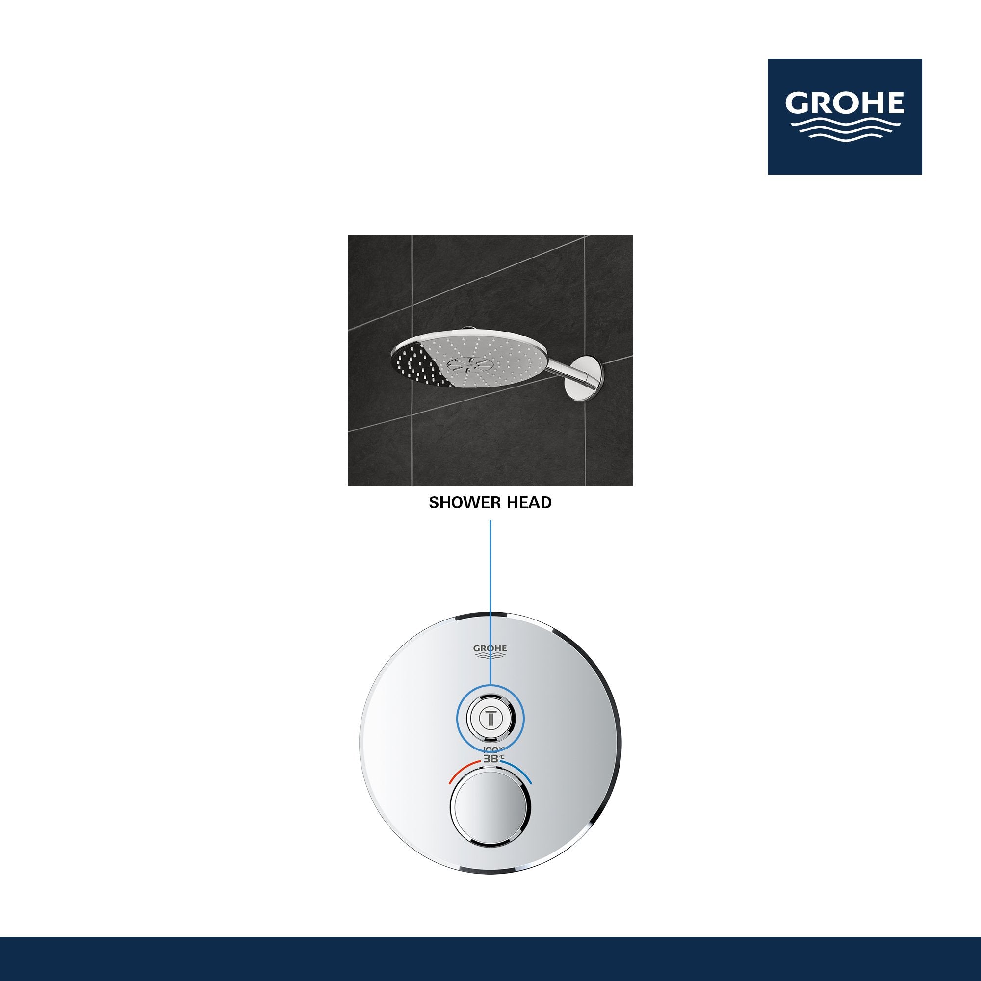 Grohe Grohtherm thermostatic valve trim in hard graphite with circular control plate and single function shower head.