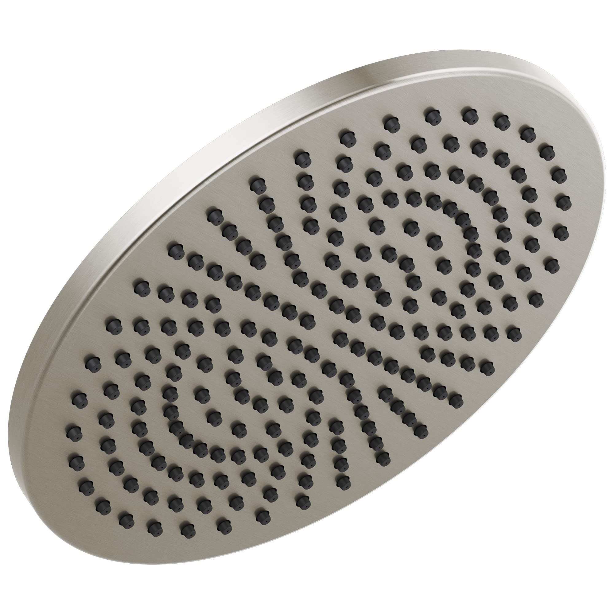 Brushed nickel raincan shower head with multiple small spray holes arranged in concentric circles.