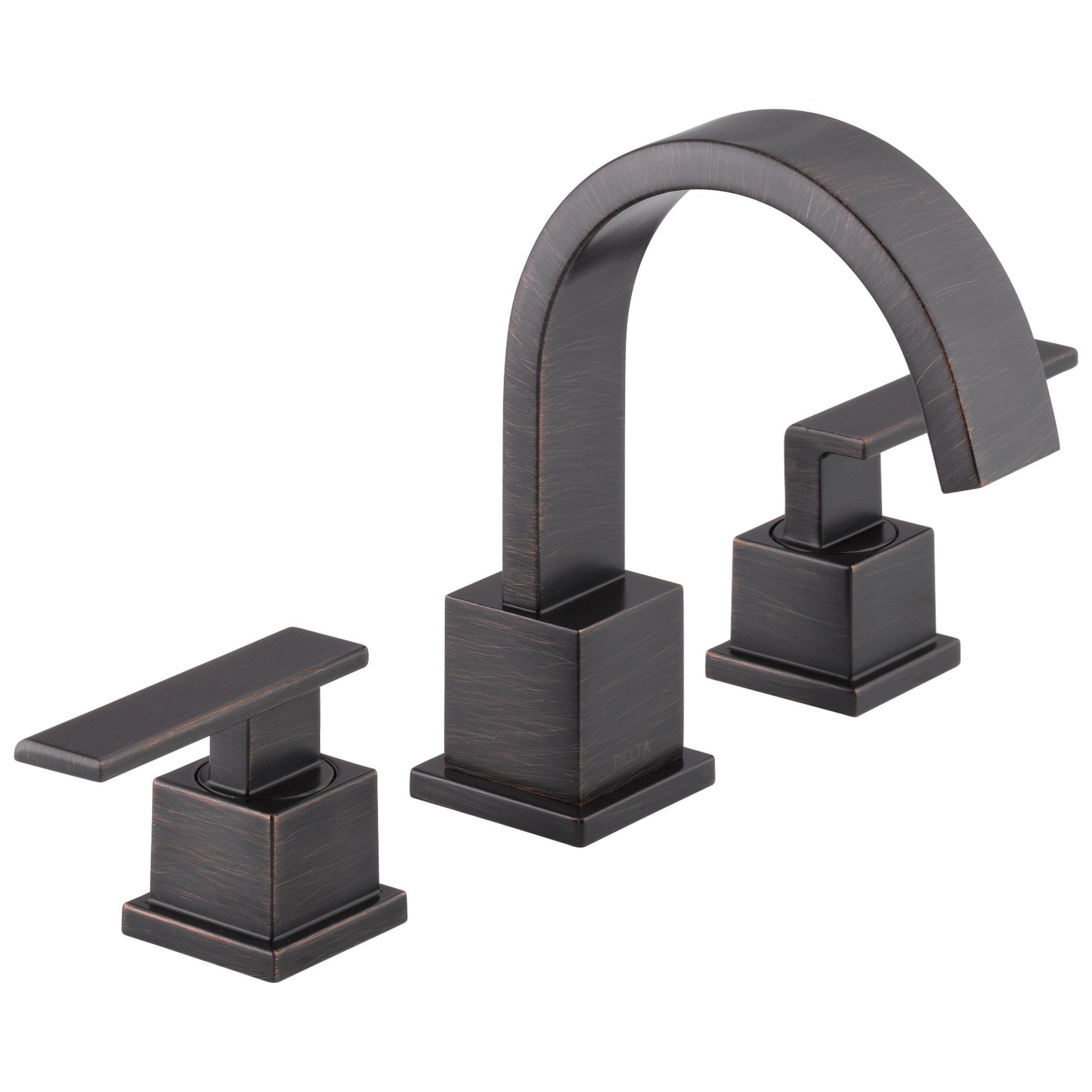 Widespread bathroom faucet with two lever handles and arched spout in dark bronze finish.