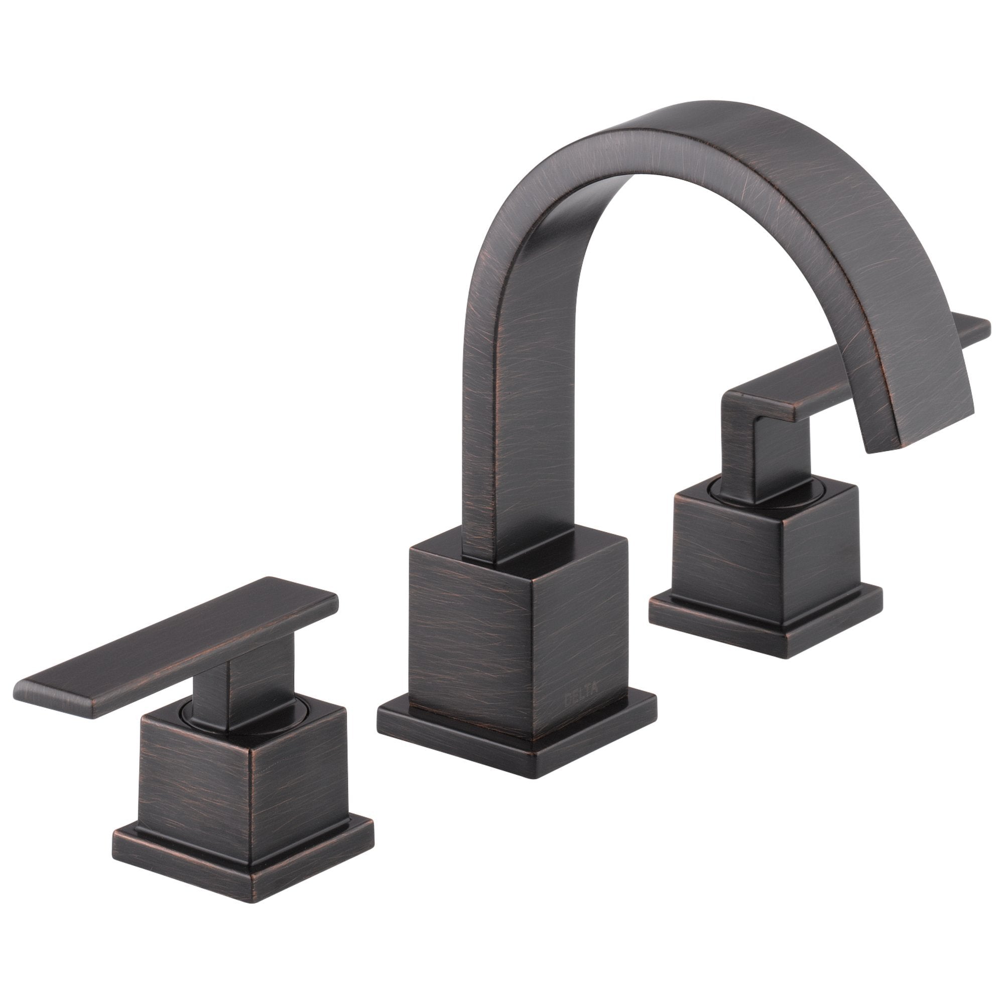 Widespread bathroom faucet with two lever handles and arched spout in dark bronze finish.