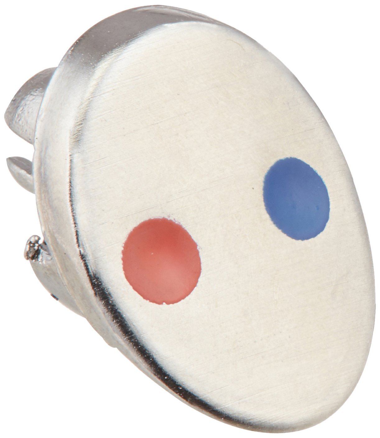 Stainless steel shower valve button with red and blue indicator dots for temperature control.