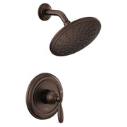 Oil rubbed bronze shower trim kit with single handle valve, round showerhead with spray holes, and curved arm mount.