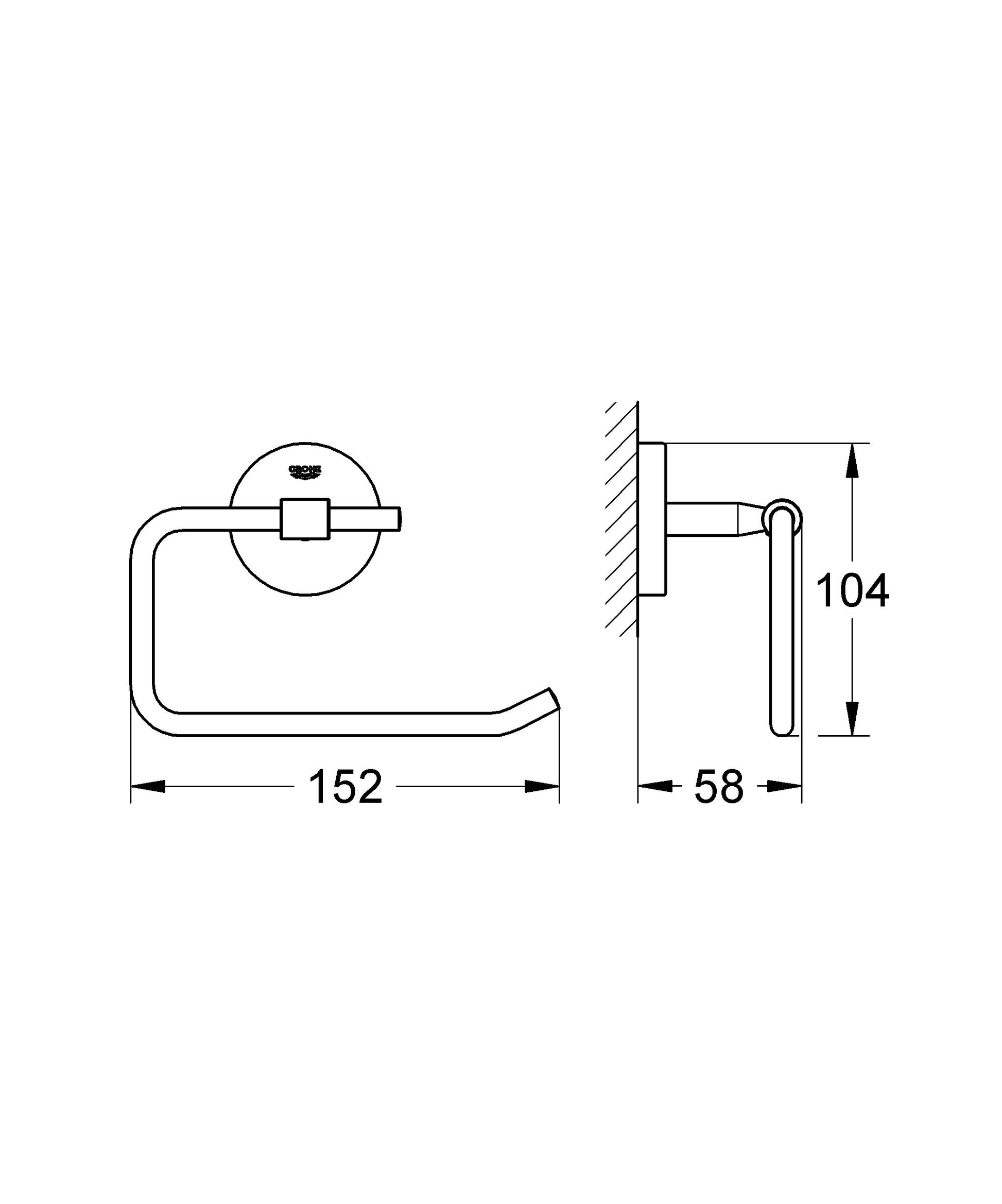 Chrome toilet paper holder with curved arm and mounting bracket, shown with dimensions of 152mm width and 104mm height.