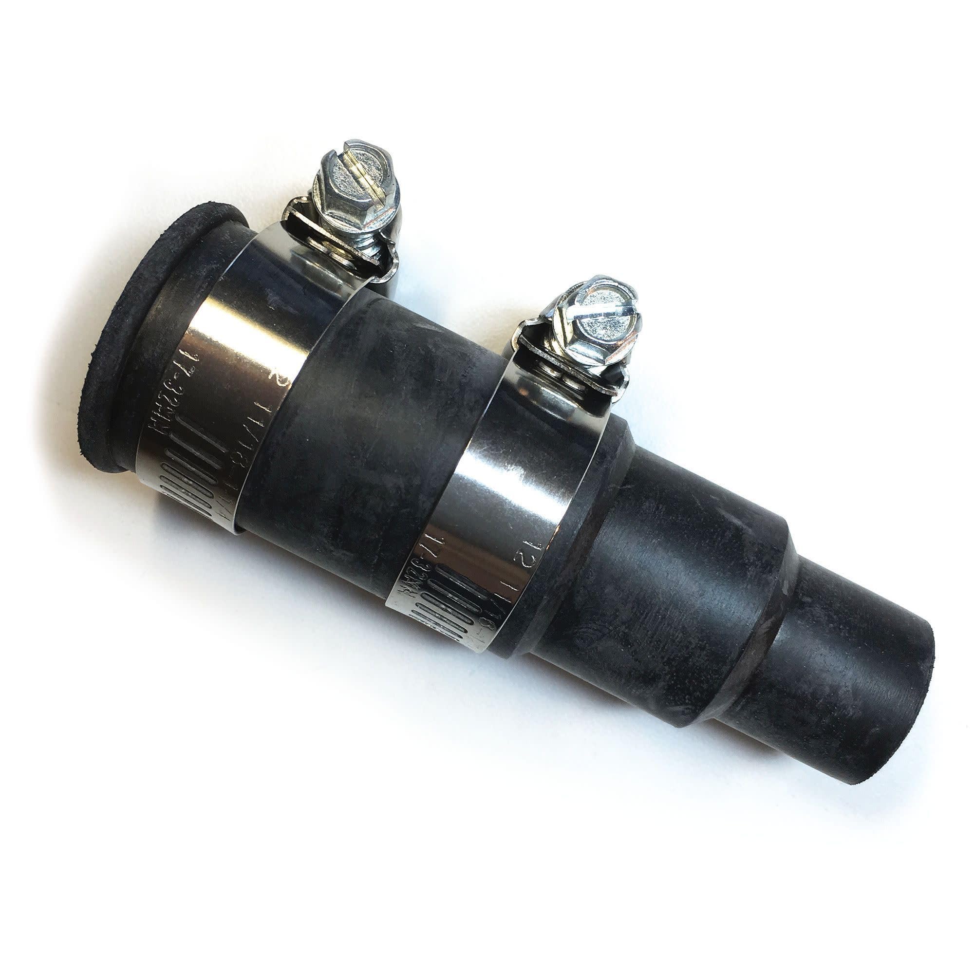 Black rubber and metal dishwasher disposal connector with two metal hose clamps and threaded ports.