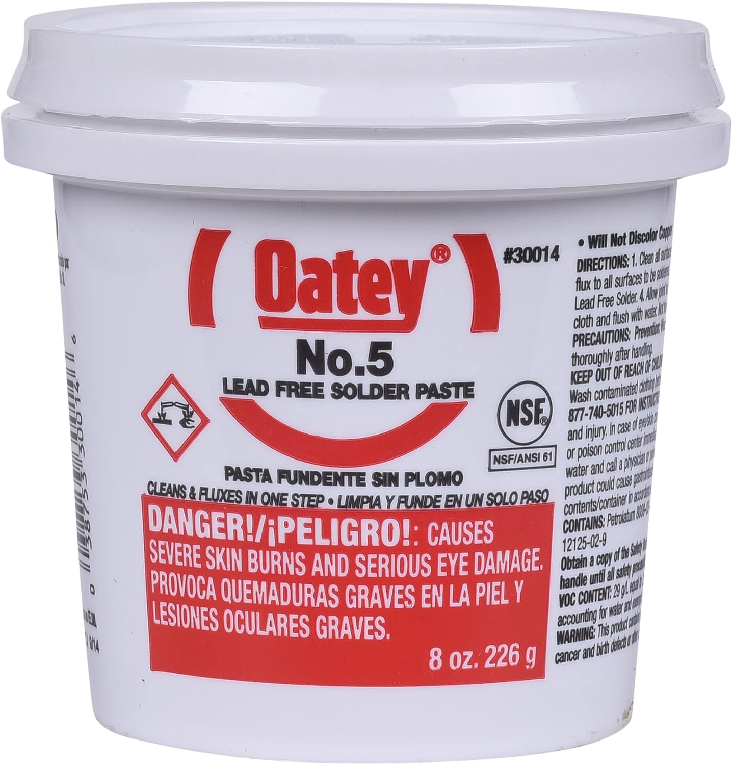 White plastic container of Oatey No. 5 lead-free solder paste flux with red label and white screw-on lid.