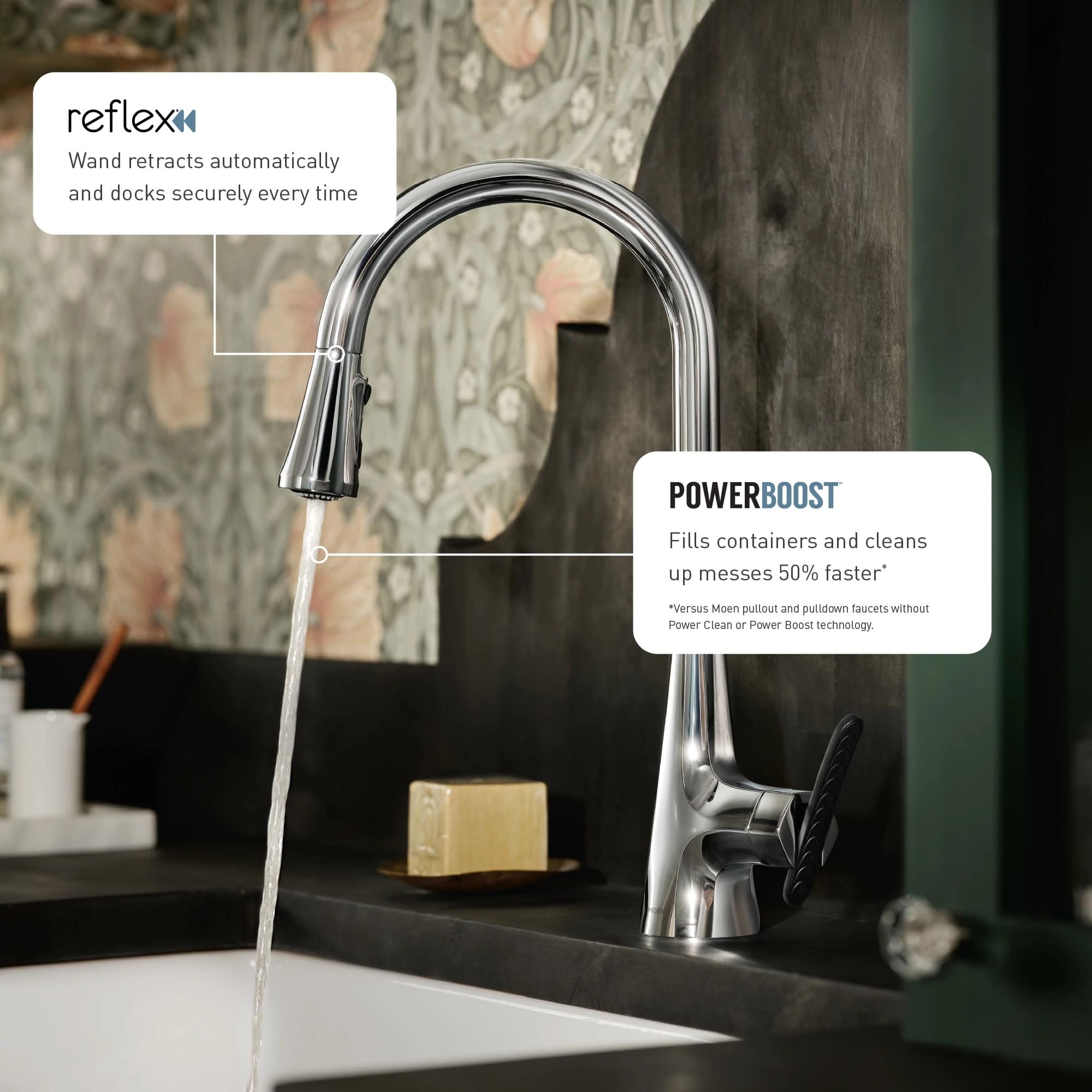Chrome pulldown kitchen faucet with single handle and retractable spray wand.