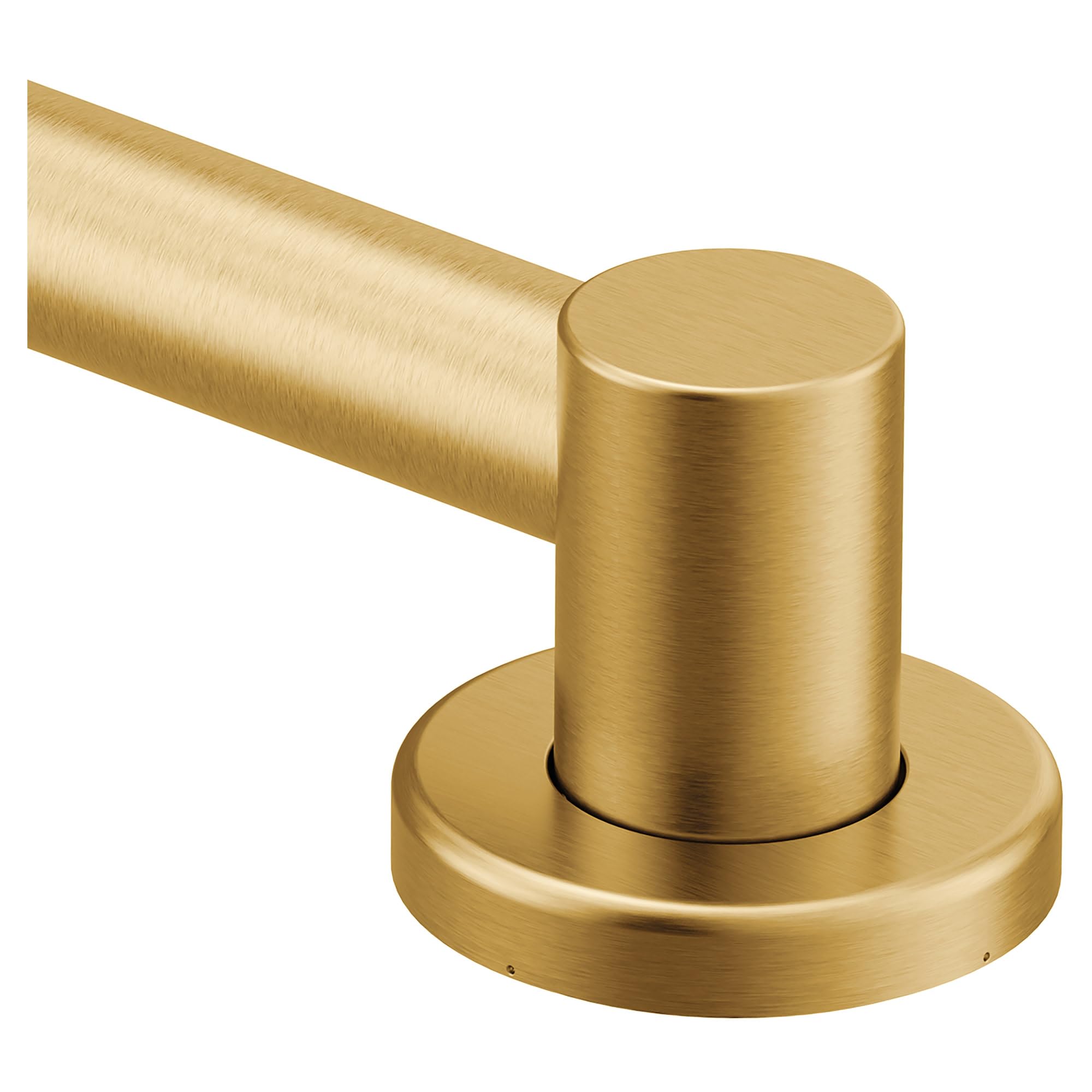 Brushed gold cylindrical grab bar with round mounting flange and angled horizontal rail section.