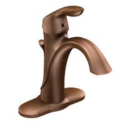 Oil rubbed bronze single-hole bathroom faucet with curved spout, lever handle, and rectangular deck plate.