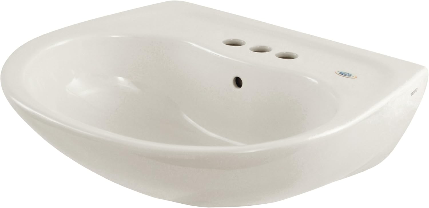 Cotton white oval wall-mounted bathroom sink with three faucet holes and curved basin.