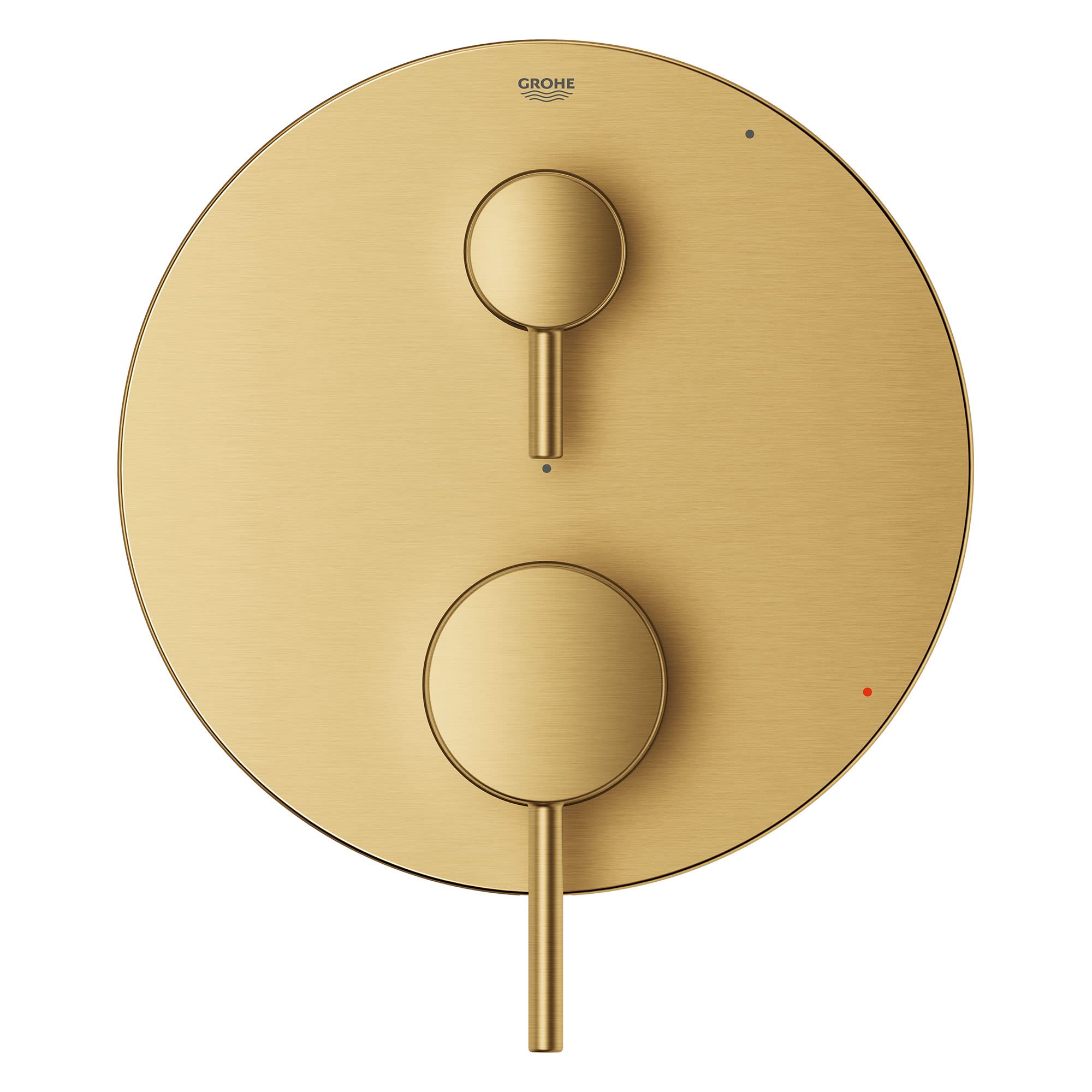 Grohe brushed gold circular valve trim with two round control knobs and diverter lever.