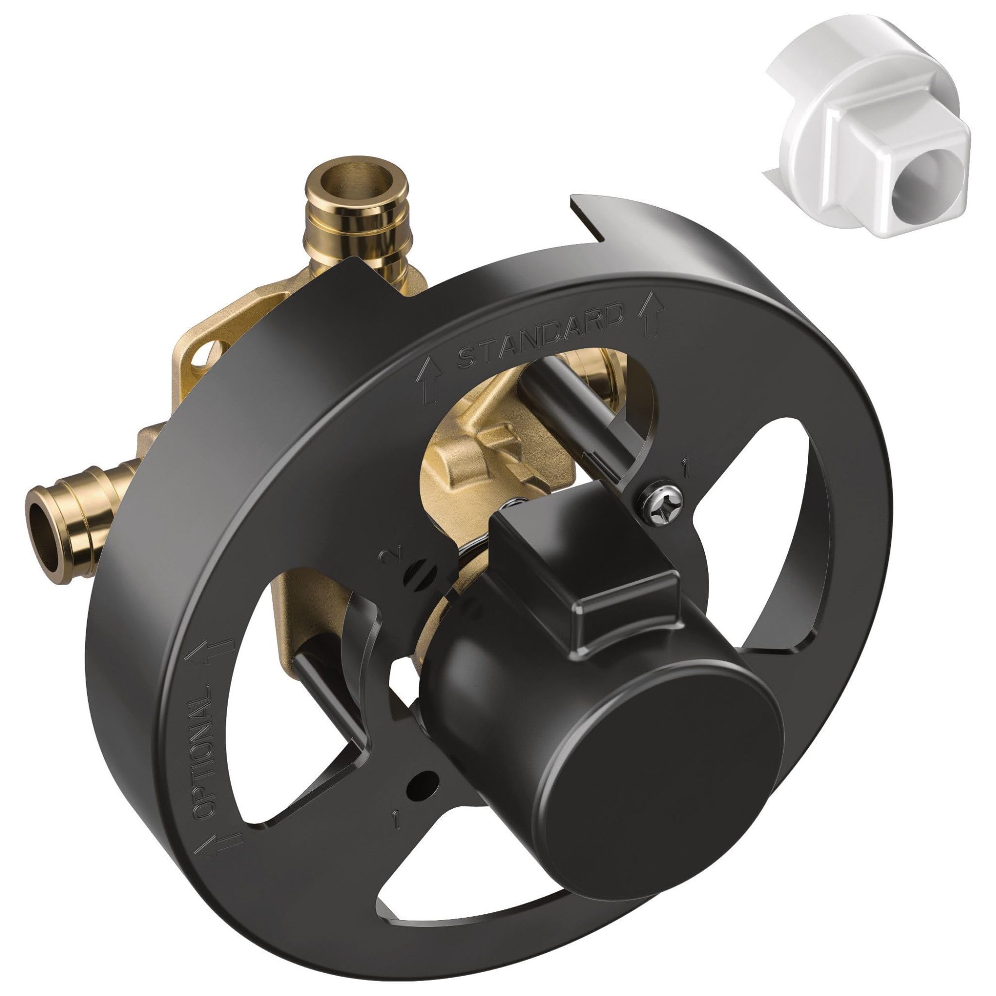 Moen M Pact pressure balancing valve with brass inlets, black body, and white PEX adapter shown separately.