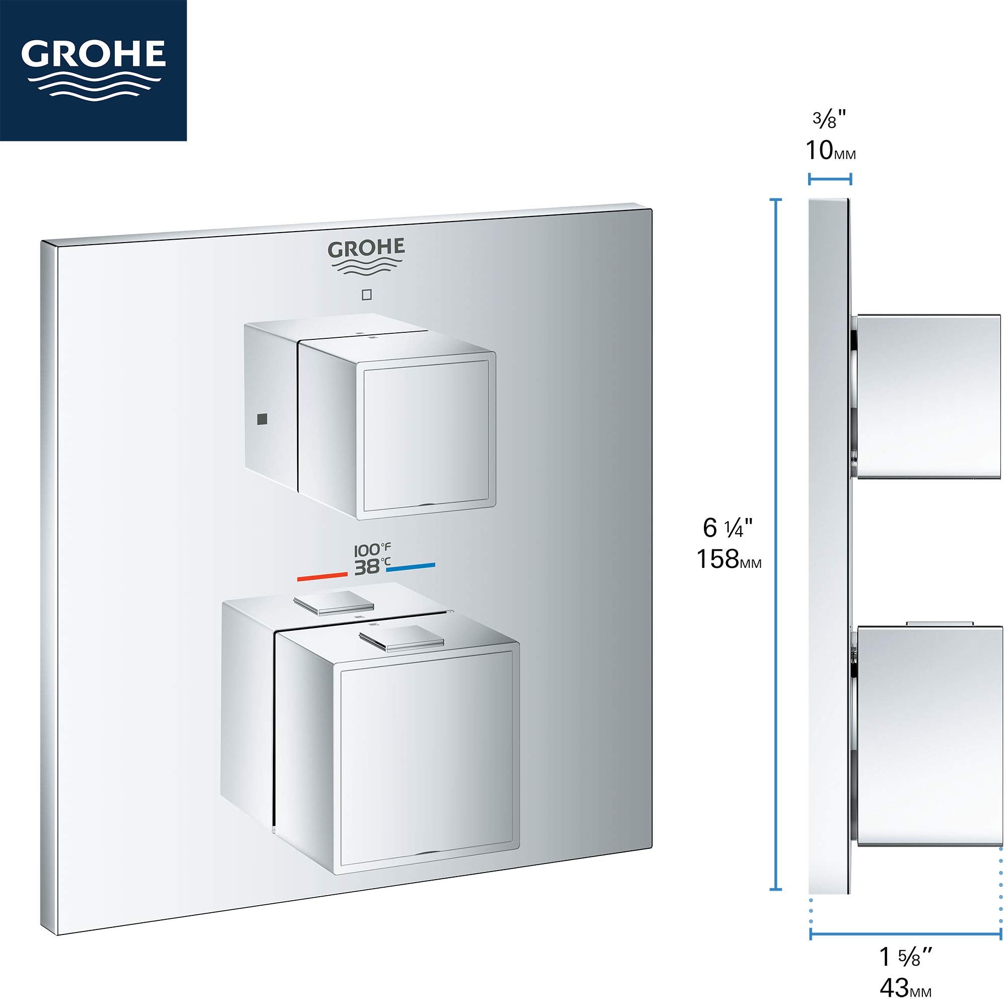 Chrome thermostatic valve trim with two square handles, temperature dial marked 38°C to 100°F, and mounting plate with dimens