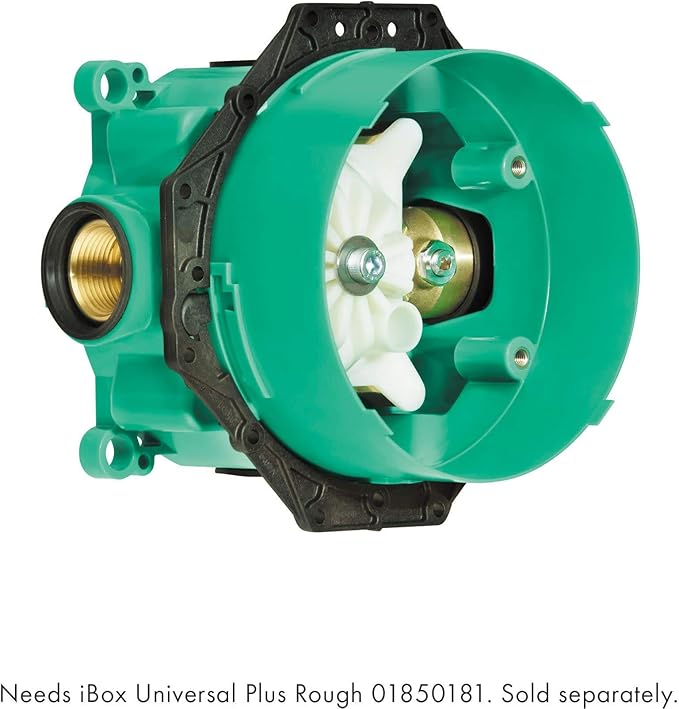Green thermostatic valve body with brass inlet, white diverter cartridge, and black mounting bracket for in-wall installation