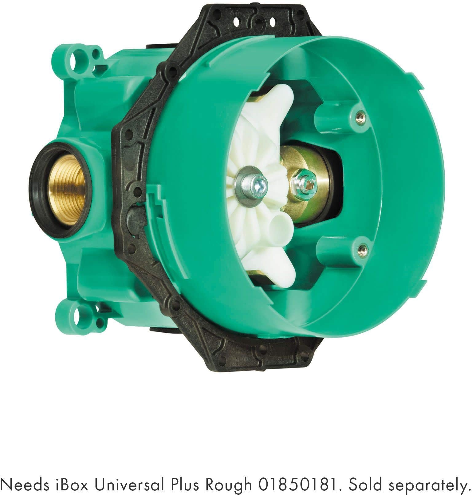 Green plastic pressure balance valve cartridge with brass inlet connection and internal white components visible through open