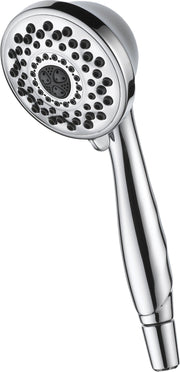 Chrome hand shower with circular face featuring multiple spray holes arranged in concentric rings and central nozzle with bla