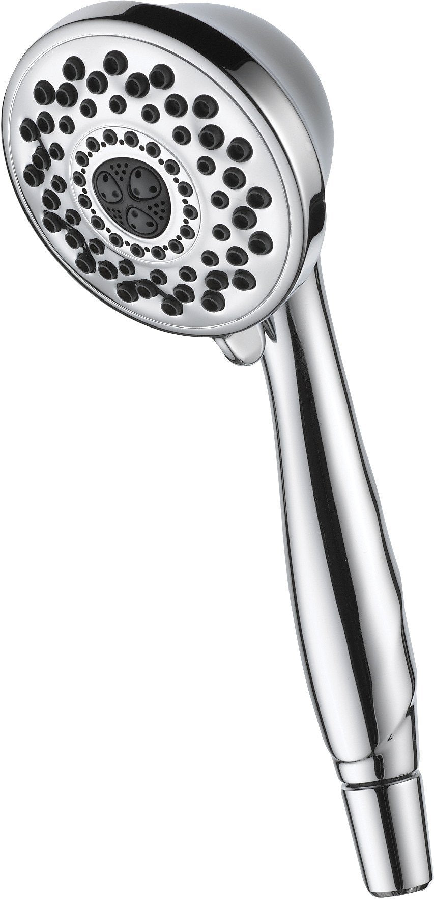 Chrome hand shower with circular face featuring multiple spray holes arranged in concentric rings and central nozzle with bla