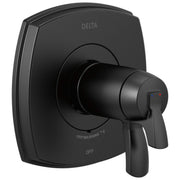 Black Delta Stryke thermostatic valve with square trim plate, single lever handle, and temperature indicator dots.