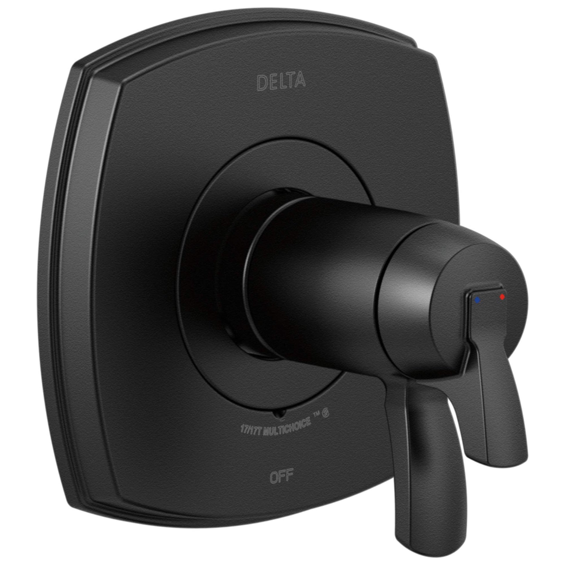 Black Delta Stryke thermostatic valve with square trim plate, single lever handle, and temperature indicator dots.