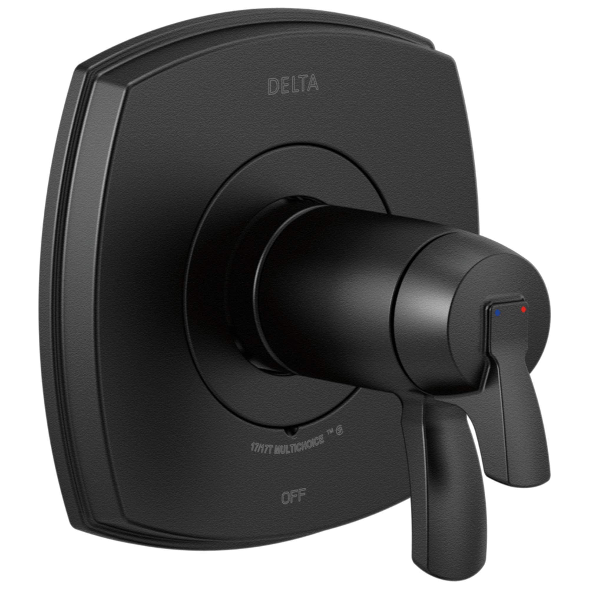 Black Delta Stryke thermostatic valve with square trim plate, single lever handle, and temperature indicator dots.