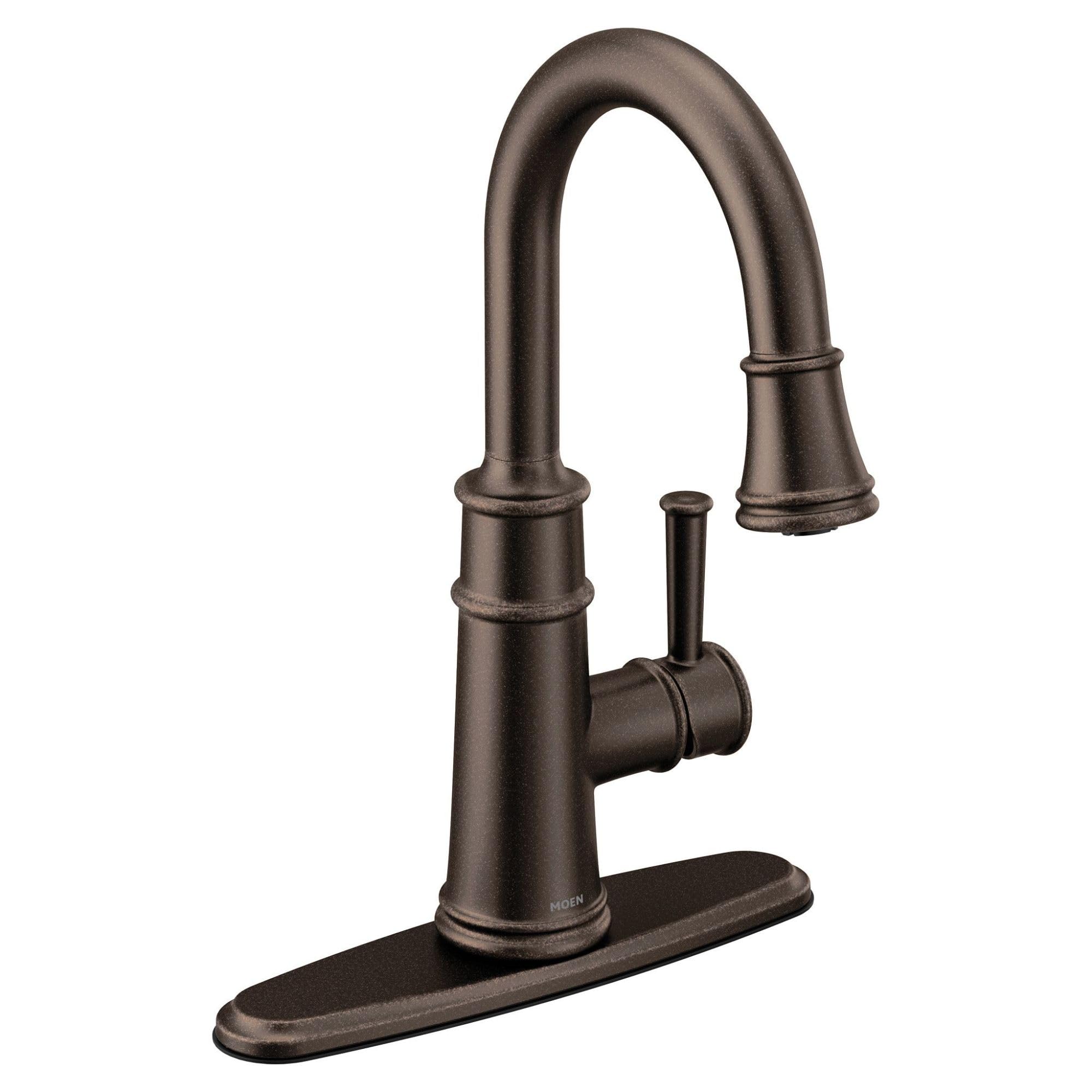 Oil rubbed bronze pulldown bar faucet with single handle and curved spout on rectangular base.