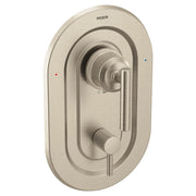 Brushed nickel shower trim with lever handle, diverter knob, and temperature indicator dots.