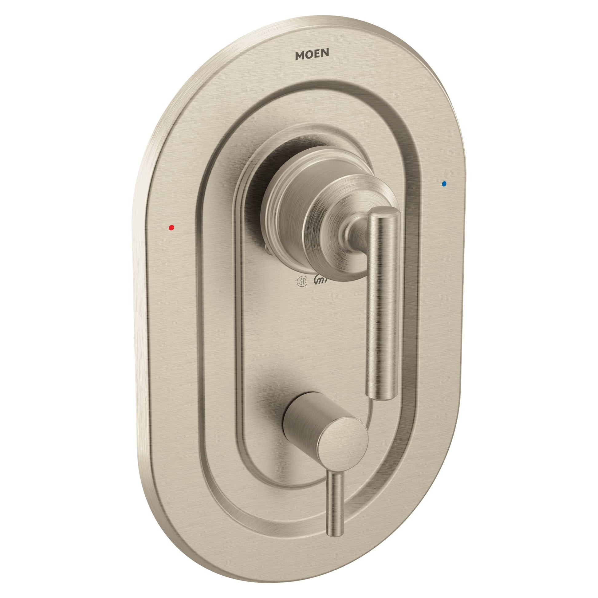 Brushed nickel shower trim with lever handle, diverter knob, and temperature indicator dots.