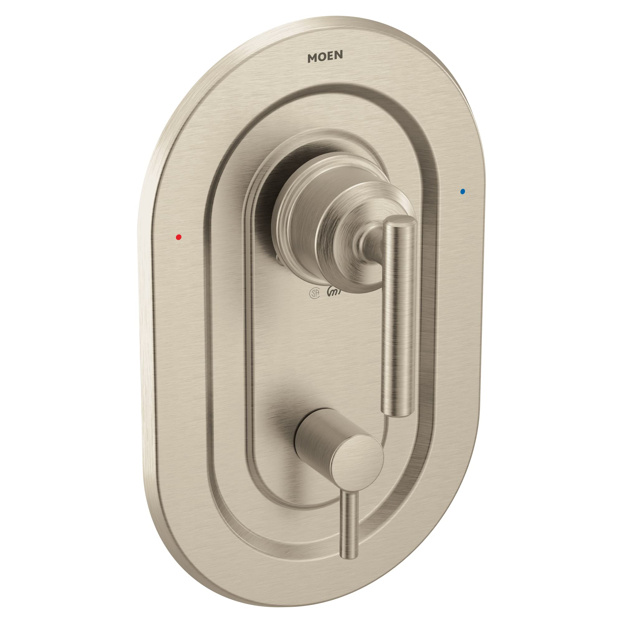 Brushed nickel shower trim with lever handle, diverter knob, and temperature indicator dots.