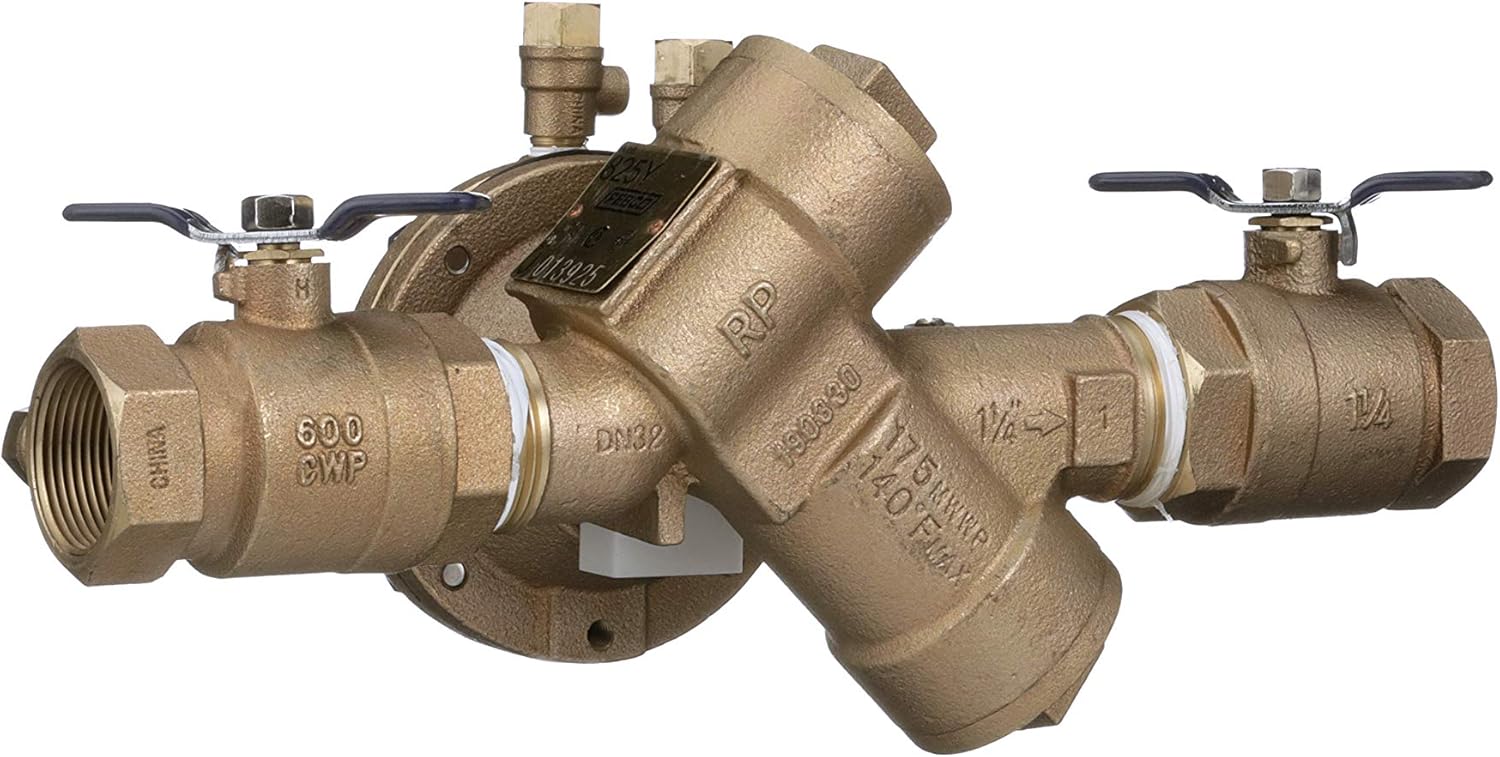 Bronze reduced pressure zone backflow preventer with 1-1/4 inch threaded connections and dual shut-off ball valves.