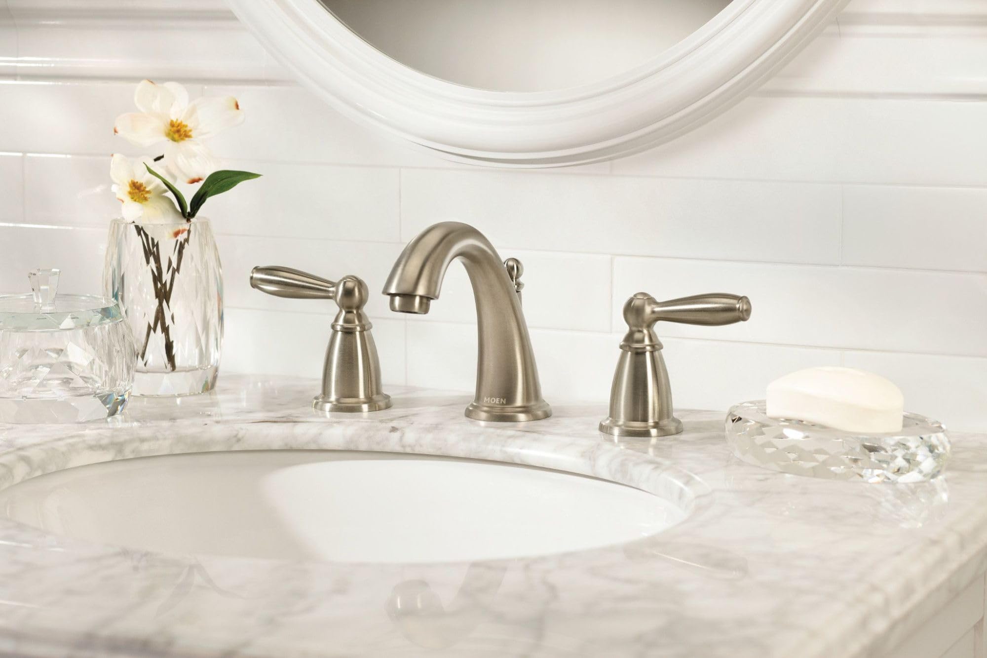 Moen Brandtford Two Handle High Arc Widespread Bathroom Sink Faucet for 3 Hole Setups with Valve Included in Brushed Nickel - TV6620BN