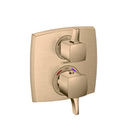Square brushed bronze thermostatic shower trim with two knob controls and diverter valve.