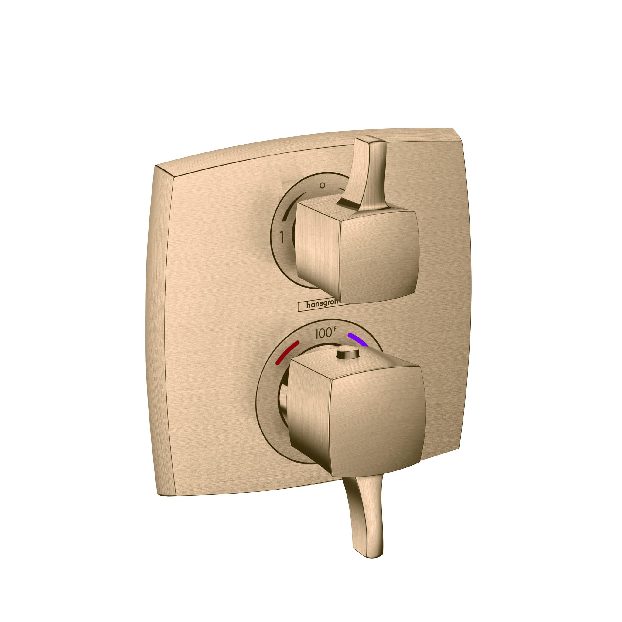 Square brushed bronze thermostatic shower trim with two knob controls and diverter valve.